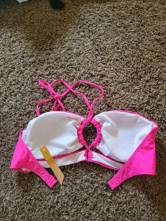 MSTUMING Bright Hot Pink Bandeau Bikini Top with Halter Tie - Picture 2 of 3